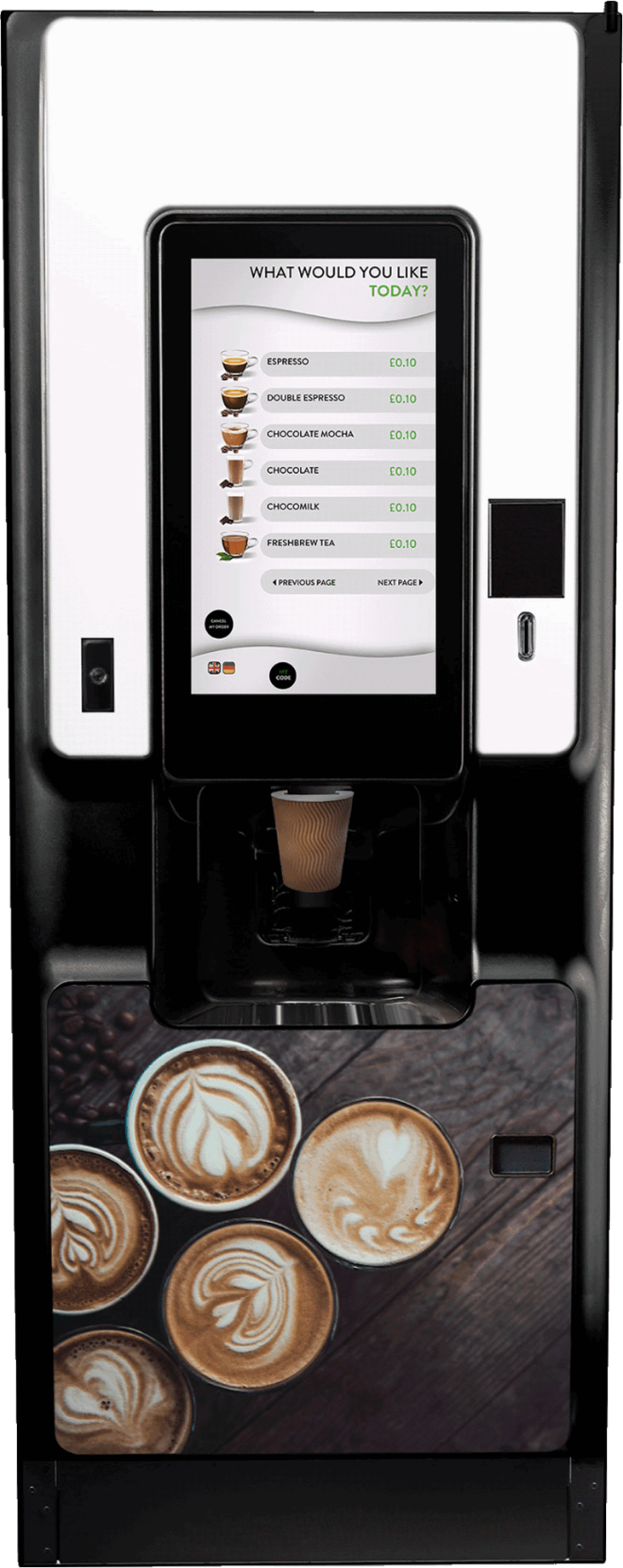 Premium touchscreen office coffee machine showing the gourmet drink menu with espresso, mocha and more